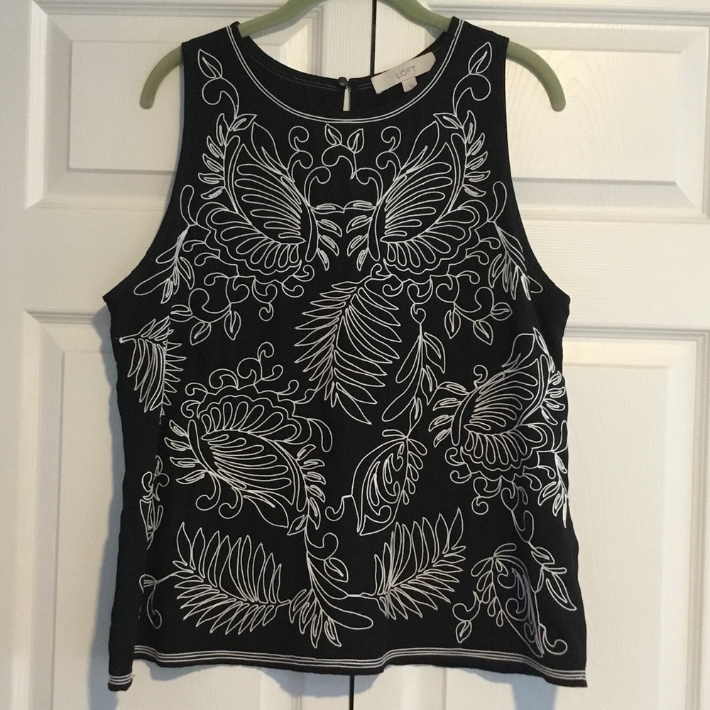 LOFT Black and White Embroidered Blouse